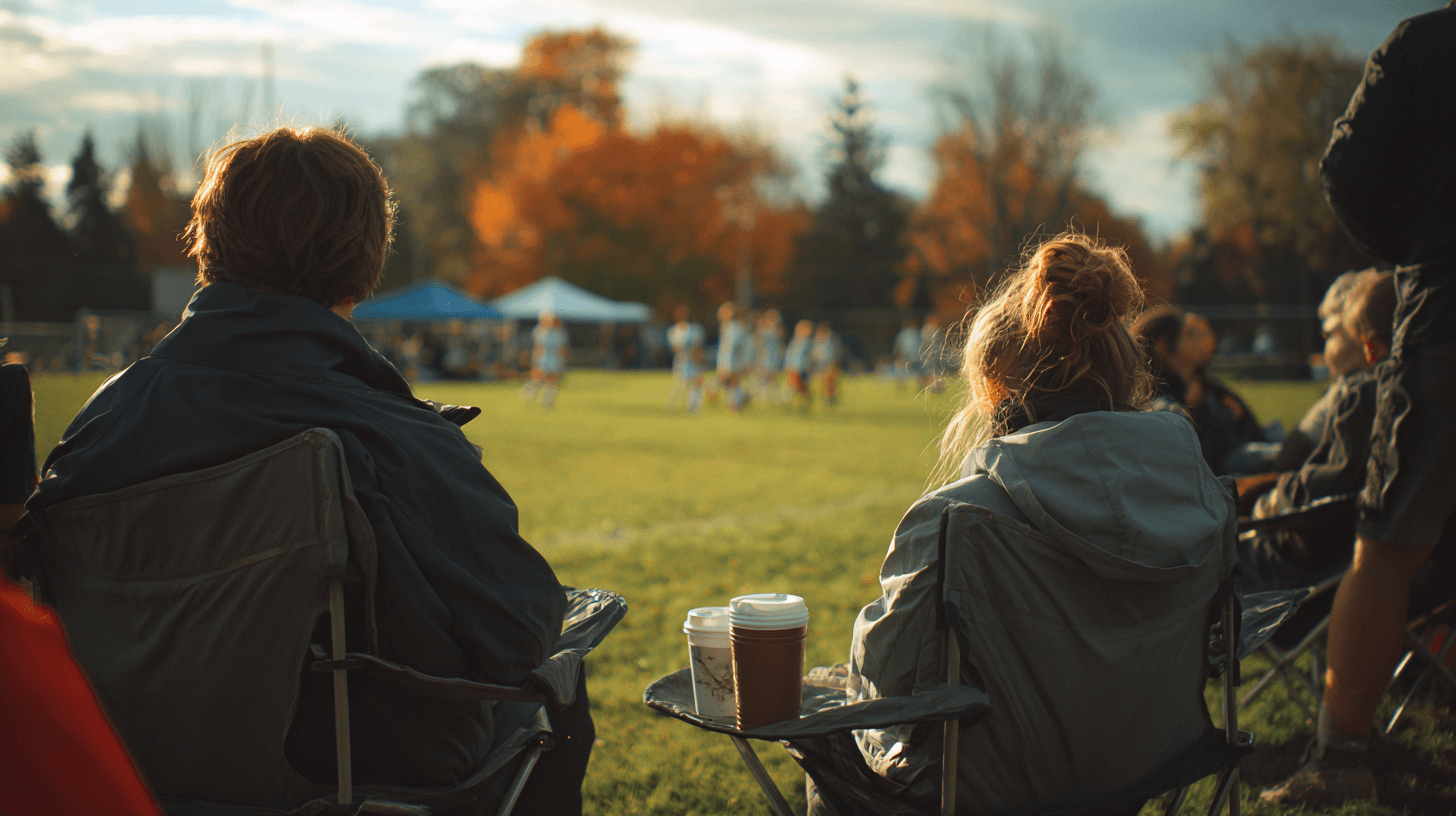 Club lacrosse parents sitting in chairs on the sideline watching a youth lacrosse game