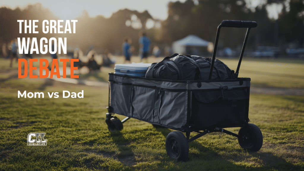 Black folding wagon loaded with gear bags at a youth sports tournament field during golden morning light