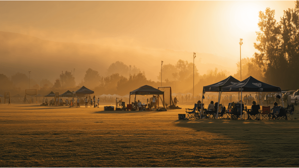 Tournament fields at sunrise with team tents, chairs, and families set up for a club lacrosse tournament weekend