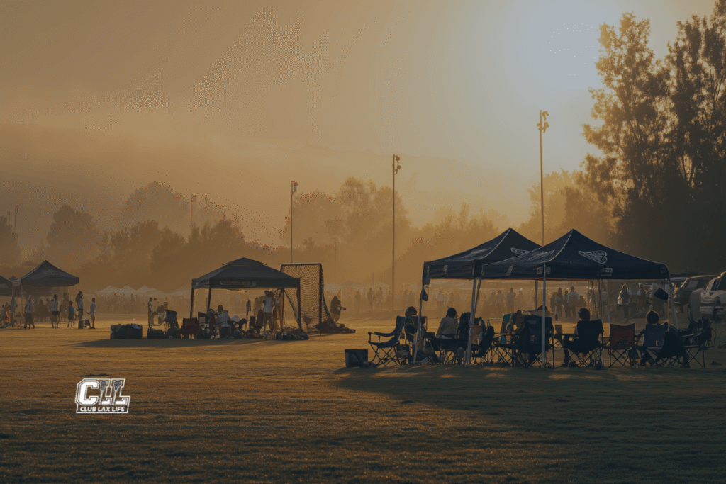 Youth lacrosse tournament morning with team tents, families, and field in golden light