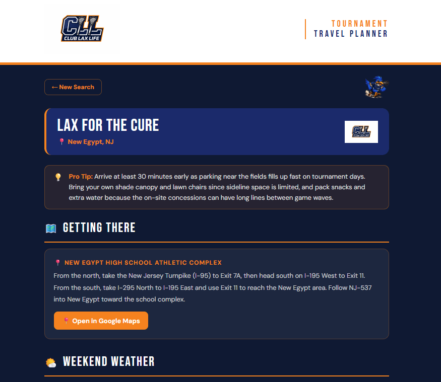 Pro Tip example from the Tournament Travel Planner — what to do between games at a lacrosse tournament