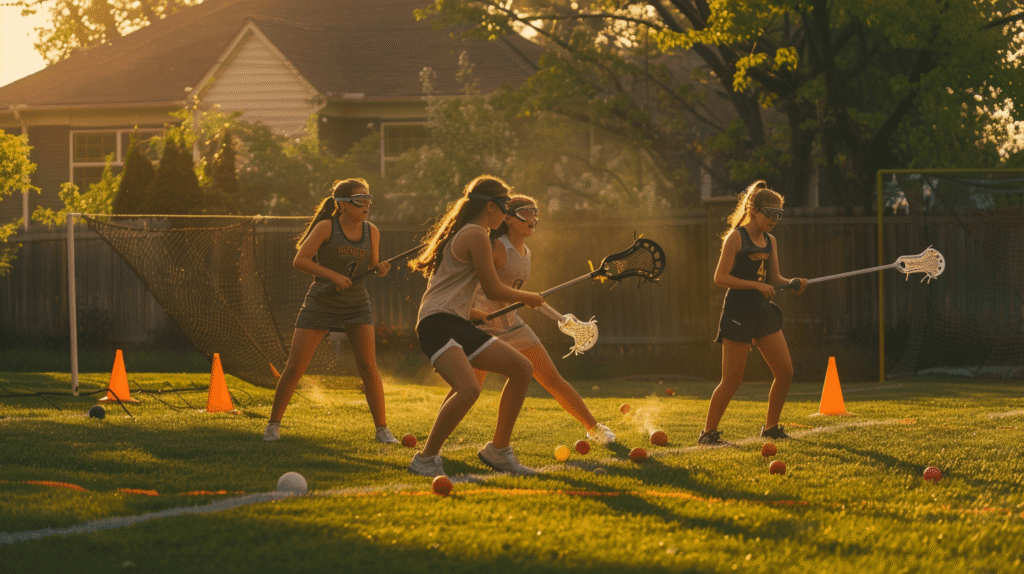  Four teenage girls practicing lacrosse together in a suburban backyard at golden hour