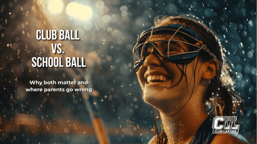 Teenage girl lacrosse player smiling in pouring rain on a wet field