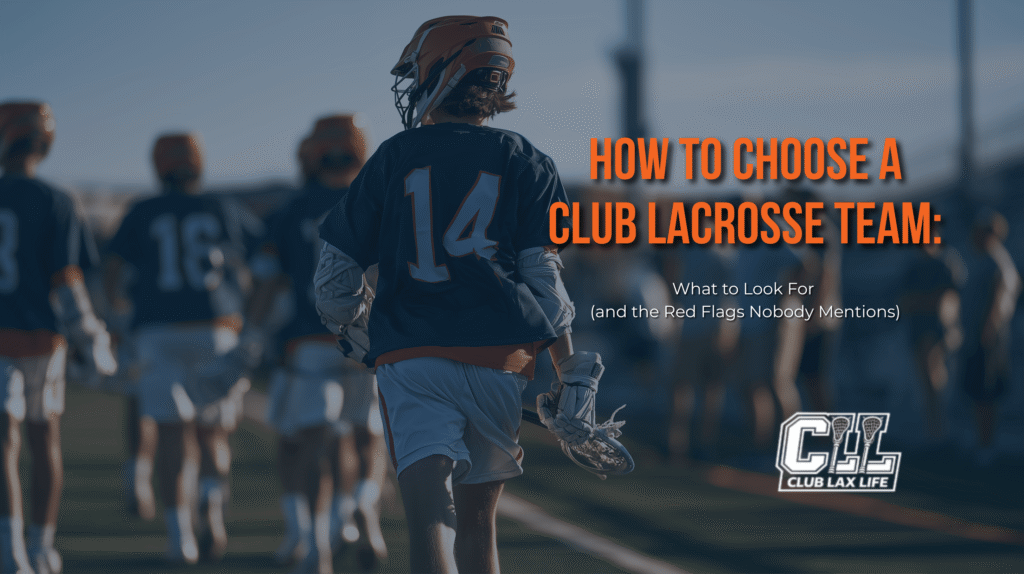 Youth lacrosse player walking toward the field at tryouts, teammates and evaluators in the background