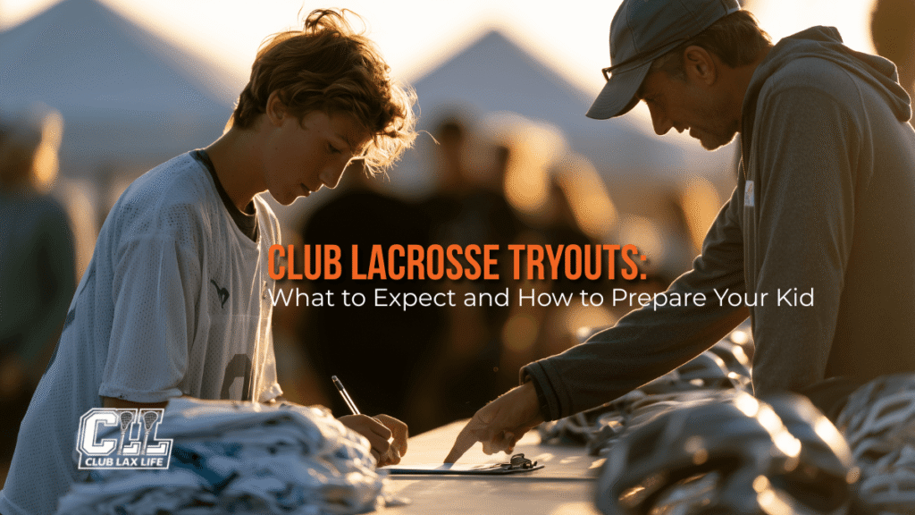 Club lacrosse tryout check-in table with a director helping a player sign in