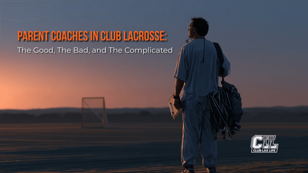 Parent coach in club lacrosse walking off the field at sunset with a clipboard and folding chair
