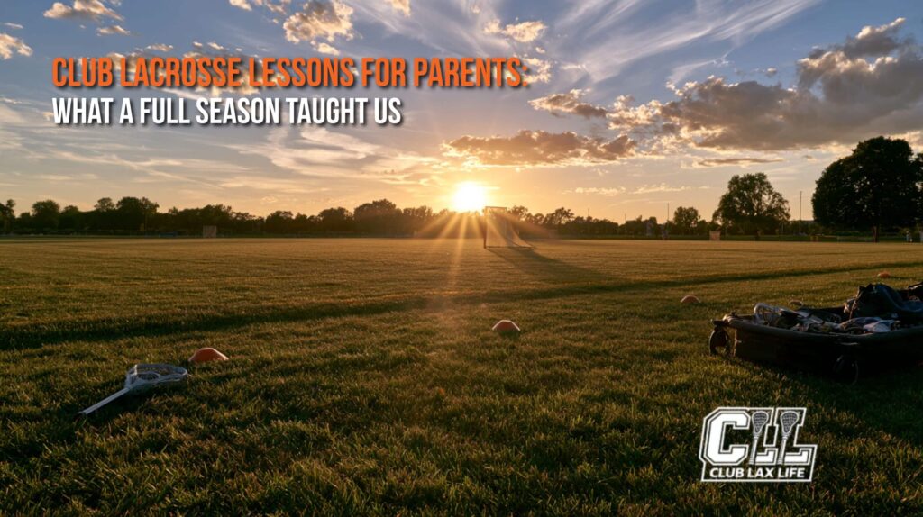 Empty club lacrosse field at sunset with gear packed in a wagon at the end of the season