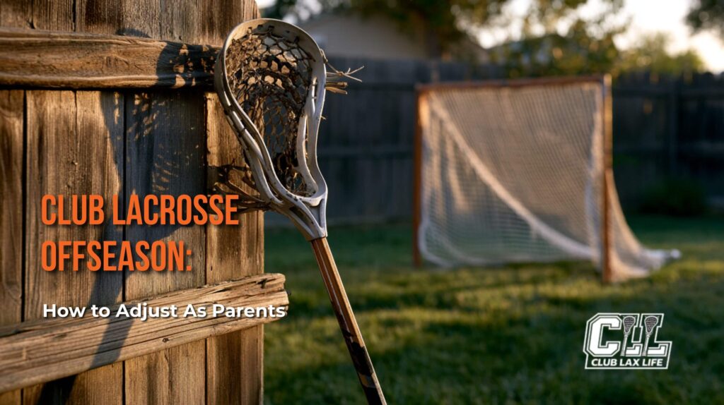 Club lacrosse offseason: a worn lacrosse stick leaning against a backyard fence with an empty goal at golden hour